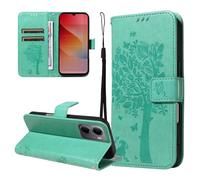 LMFULM® Case for Xiaomi Redmi 15a 5G (6.9 Inch) PU Leather Cover Wallet Phone Protective Case Embossing Tree and Cat Pattern Stand Flip Case Holster Case Green