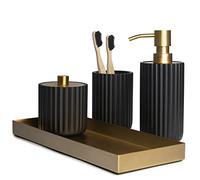 L'MKI Black & Gold Boho Bathroom Accessory Set, Matte Black & Gold Finish, Resin & Stainless Steel, 4-Piece Set, Soap Dispenser, Toothbrush Holder, Cotton Jar, Tray