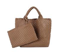 LMKIDS Woven Tote Bag, Women Macaron Soft Leather Weave Handbag Purse Wrist Bag Large Capacity Work Shopping Travel Daily, Brown