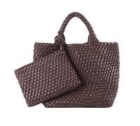 LMKIDS Woven Tote Bag, Women Macaron Soft Leather Weave Handbag Purse Wrist Bag Large Capacity Work Shopping Travel Daily, Coffee