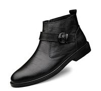 LMLTOP New Men Chelsea Boots Lattice with Buckle Side Zip Cowhide Leather Slip On Wearable Waterproof Non Slip Formal Fashion Pull On (Color : Black, Size : 10 UK)