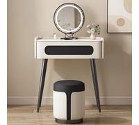 LMMIAOZ Illuminated Makeup Vanity Table with Mirror & Stool, 3-Color LED Lighting, Drawer Storage, Solid Wood & Slate Design for Bedroom (Beige & Black, 70 x 40 x 75 cm)