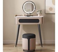 LMMIAOZ Illuminated Makeup Vanity Table with Mirror & Stool, 3-Color LED Lighting, Wooden Dressing Table with Drawers, Stylish Khaki & Black Design (60 x 40 x 75 cm)