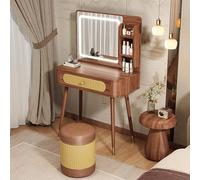 LMMIAOZ Illuminated Makeup Vanity Table with Mirror, Wooden Dressing Table Stool, 3 Color Lighting Modes, Space-Saving Design with Ample Storage for Women and Girls.