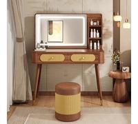 LMMIAOZ Illuminated Makeup Vanity Table with Mirror, Wooden Dressing Table with Stool, 3 Color Lighting Modes, Space-Saving Design, Perfect for Women and Girls.