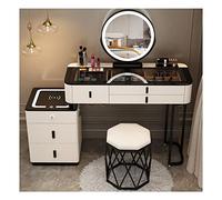 LMMIAOZ Illuminated Makeup Vanity with Transparent Top, Upholstered Stool, 5 Spacious Drawers & Rechargeable Storage for Women and Girls - Perfect Dressing Table Set