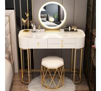 LMMIAOZ Luxurious Makeup Vanity Set with LED Mirror, Glass Top & Drawers, Upholstered Stool - Perfect Bedroom Decor for Women & Girls (100cm, C)