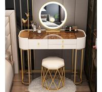 LMMIAOZ Luxurious Mini Makeup Set with Glass Top & Drawers, Smart LED Vanity Mirror & Padded Stool, Perfect Bedroom Decor for Women & Girls (100cm, A)