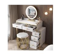 LMMIAOZ Modern Makeup Vanity Set with Tri-Color LED Mirror, Upholstered Stool, Stylish Dressing Table for Bedroom or Makeup Room, Chic Nightstand Design