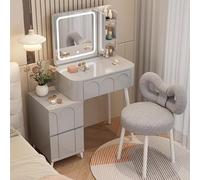 LMMIAOZ Solid Wood Makeup Vanity and Stool with Color-Changing LED Mirror, Adjustable Lighting, Expandable Design, Spacious Storage for Bedroom nization