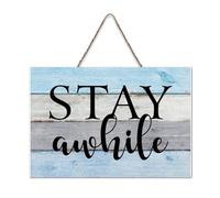 LMMIXEE Stay Awhile Wood Signs Words Letters Wooden Sign Farmhouse Wall Art Rustic Wall Decor for Home Kitchen Bathroom Living Room 8x12 inch