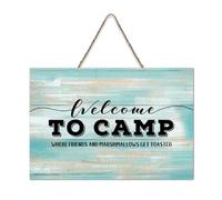 LMMIXEE Welcome To Camp Where Friends Modern Rustic Wooden Signs Motivational Wall Art Rustic Wall Decorations for Living Room Kitchen Retro Hanging Sign Housewarming Gift 8x12 inch