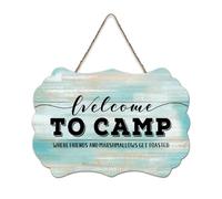 LMMIXEE Welcome To Camp Where Friends Wood Sign Funny Sayings Art Wooden Signs Farmhouse Wall Art Rustic Wall Decor for Home Kitchen Bathroom Living Room 6x10 inch