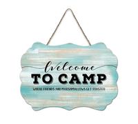 LMMIXEE Welcome To Camp Where Friends Wood Sign Motivational Quote Wood Plaque Farmhouse Decor Wall Art Wall Hanger Sign for Bedroom Living Room Housewarming Gift 8x12 inch