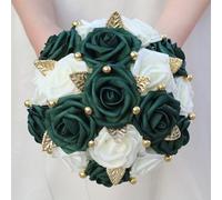 LMMWBM Handmade Wedding Bouquet Toss for Bride Bridesmaids Artificial PE Fake Rose Round Flower Bunch for Wedding Bridal Shower(Ivory & Emerald Green, 7.9")