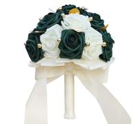 LMMWBM Mini Dainty Bouquet Toss for Wedding Artificial PE Fake Rose Round Flower Bunch for Bridesmaids Flower Girls(Ivory & Emerald Green, 6.7")