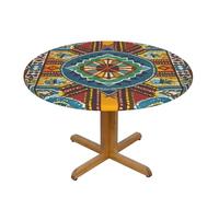 LMNGH African Style Textile Pattern Round Spandex Tablecloth 55 Inch, Elastic Fitted Waterproof Tablecloths Stretch Washable Picnic Table Cover for Camping, Dining, Indoor and Outdoor