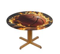 LMNGH Basketball in Fire Round Spandex Tablecloth 47 Inch, Elastic Fitted Waterproof Tablecloths Stretch Washable Picnic Table Cover for Camping, Dining, Indoor and Outdoor