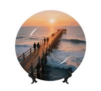 LMNGH Beach Sunset Ocean Waves Bone China Decorative Plate,7in Ceramic Decorative Plates with Display Stand,Ceramic Ornaments Art Porcelain Plate for Home Office Wall Decor Collections Plates