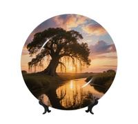 LMNGH Big Trees in Sunset Bone China Decorative Plate,10in（25cm） Ceramic Decorative Plates with Display Stand,Ceramic Ornaments Art Porcelain Plate for Home Office Wall Decor Collections Plates