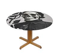 LMNGH Black and White Flowers and Skull Round Spandex Tablecloth 51 Inch, Elastic Fitted Waterproof Tablecloths Stretch Washable Picnic Table Cover for Camping, Dining, Indoor and Outdoor