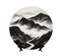 LMNGH Black and White Mountain Bone China Decorative Plate,6in（15cm） Ceramic Decorative Plates with Display Stand,Ceramic Ornaments Art Porcelain Plate for Home Office Wall Decor Collections Plates