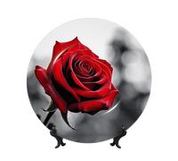 LMNGH Black and White Red Rose Bone China Decorative Plate,7in Ceramic Decorative Plates with Display Stand,Ceramic Ornaments Art Porcelain Plate for Home Office Wall Decor Collections Plates