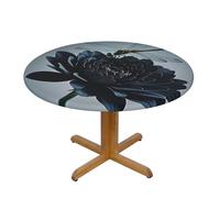 LMNGH Black Flowers and Dragonfly Round Spandex Tablecloth 35 Inch, Elastic Fitted Waterproof Tablecloths Stretch Washable Picnic Table Cover for Camping, Dining, Indoor and Outdoor