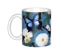 LMNGH Blue Butterflies White Flowers Ceramic Coffee Mug 11oz Novelty Tea Cup With Handle Coffee Cup For Men Women Office Work