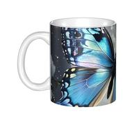 LMNGH Blue Butterfly And Moon Ceramic Coffee Mug 11oz Novelty Tea Cup With Handle Coffee Cup For Men Women Office Work