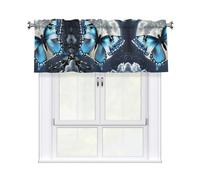 LMNGH Blue Butterfly and Moon Curtain Valance for Windows,Kitchen Window Curtains Blackout Drapes Window Treatments Decorative Rod Pocket Short Curtain for Living Room Bedroom,54" W x 18" L