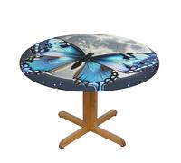 LMNGH Blue Butterfly and Moon Round Spandex Tablecloth 43 Inch, Elastic Fitted Waterproof Tablecloths Stretch Washable Picnic Table Cover for Camping, Dining, Indoor and Outdoor
