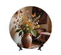 LMNGH Boho Floral Bone China Decorative Plate,8in（20cm） Ceramic Decorative Plates with Display Stand,Ceramic Ornaments Art Porcelain Plate for Home Office Wall Decor Collections Plates
