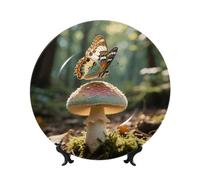 LMNGH Butterfly Mushroom Bone China Decorative Plate,8in（20cm） Ceramic Decorative Plates with Display Stand,Ceramic Ornaments Art Porcelain Plate for Home Office Wall Decor Collections Plates
