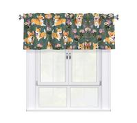 LMNGH Corgi Floral Flowers Curtain Valance for Windows,Kitchen Window Curtains Blackout Drapes Window Treatments Decorative Rod Pocket Short Curtain for Living Room Bedroom,54" W x 18" L