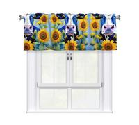 LMNGH Cow with Sunflowers in Blue Curtain Valance for Windows,Kitchen Window Curtains Blackout Drapes Window Treatments Decorative Rod Pocket Short Curtain for Living Room Bedroom,54" W x 18" L