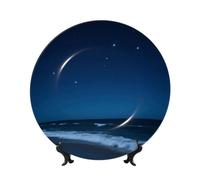 LMNGH Dark Navy Stars Bone China Decorative Plate,8in（20cm） Ceramic Decorative Plates with Display Stand,Ceramic Ornaments Art Porcelain Plate for Home Office Wall Decor Collections Plates