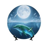 LMNGH Dolphin Moon Bone China Decorative Plate,7in Ceramic Decorative Plates with Display Stand,Ceramic Ornaments Art Porcelain Plate for Home Office Wall Decor Collections Plates