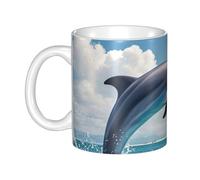 LMNGH Dolphins And Palm Trees Ceramic Coffee Mug 11oz Novelty Tea Cup With Handle Coffee Cup For Men Women Office Work