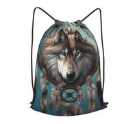 LMNGH Drawstring Backpack Woemn Men Sports Gym Sack Lightweight Drawstring Bags 3d Wolf Dream Catcher Cinch Bag Sackpack For Work Swim Travel