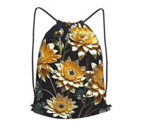 LMNGH Drawstring Backpack Woemn Men Sports Gym Sack Lightweight Drawstring Bags Gold Flowers On Black Cinch Bag Sackpack For Work Swim Travel