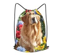 LMNGH Drawstring Backpack Woemn Men Sports Gym Sack Lightweight Drawstring Bags Golden Retriever And Flowers Cinch Bag Sackpack For Work Swim Travel