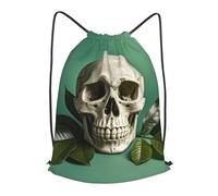LMNGH Drawstring Backpack Woemn Men Sports Gym Sack Lightweight Drawstring Bags Green Background Skull And Leaves Cinch Bag Sackpack For Work Swim Travel, Black, M