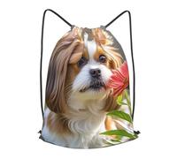 LMNGH Drawstring Backpack Woemn Men Sports Gym Sack Lightweight Drawstring Bags Shih Tzu Dog And Flowers Cinch Bag Sackpack For Work Swim Travel