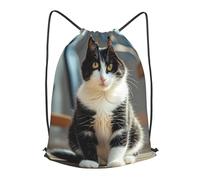 LMNGH Drawstring Backpack Woemn Men Sports Gym Sack Lightweight Drawstring Bags White And Black Kitten Sitting Cinch Bag Sackpack For Work Swim Travel