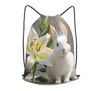 LMNGH Drawstring Backpack Woemn Men Sports Gym Sack Lightweight Drawstring Bags White Rabbit And Lilies Cinch Bag Sackpack For Work Swim Travel