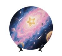 LMNGH Extra Large Galaxy Space Bone China Decorative Plate,8in（20cm） Ceramic Decorative Plates with Display Stand,Ceramic Ornaments Art Porcelain Plate for Home Office Wall Decor Collections Plates