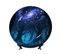 LMNGH Forest Galaxy Starry Bone China Decorative Plate,7in Ceramic Decorative Plates with Display Stand,Ceramic Ornaments Art Porcelain Plate for Home Office Wall Decor Collections Plates