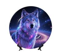 LMNGH Galaxy Wolf Bone China Decorative Plate,10in（25cm） Ceramic Decorative Plates with Display Stand,Ceramic Ornaments Art Porcelain Plate for Home Office Wall Decor Collections Plates