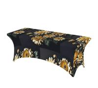 LMNGH Gold Flowers on Black Decorative Tablecloth Protector for Wedding, Banquet & Parties6FT Spandex Rectangle Tablecloths, Stretch Washable Table Cloth Wrinkle Free Patio Table Cover